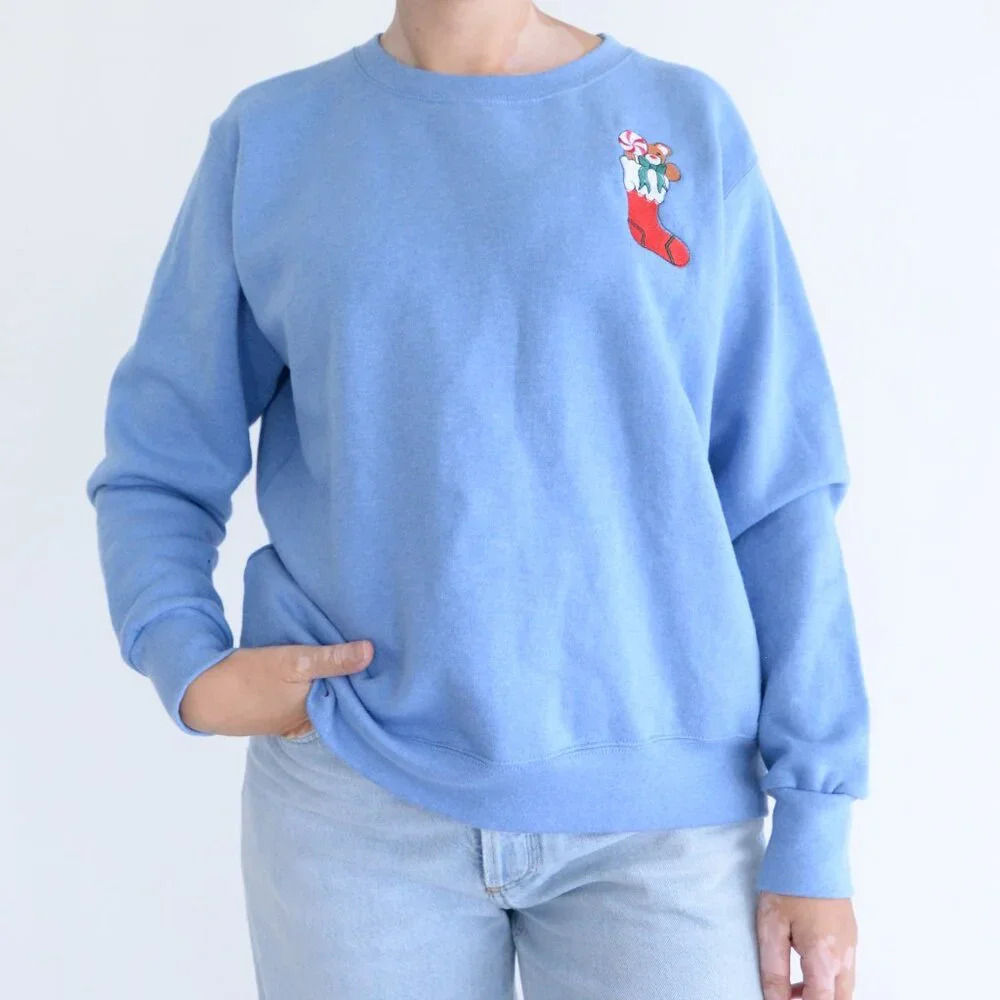 Hanes Premium  Blue Embroidered Christmas Teddy Bear Stocking Crewneck Sweater L